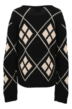 Black and cream cashmere Harley argyle intarsia knit crewneck pullover sweater