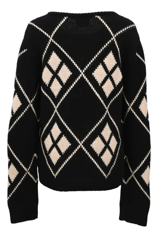 Black and cream cashmere Harley argyle intarsia knit crewneck pullover sweater