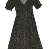 Black and cream viscose ditsy floral print wrap-effect puff sleeve midi A-line dress