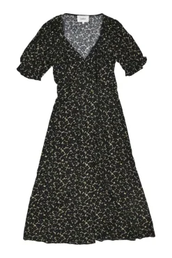 Black and cream viscose ditsy floral print wrap-effect puff sleeve midi A-line dress