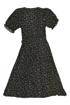 Black and cream viscose ditsy floral print wrap-effect puff sleeve midi A-line dress