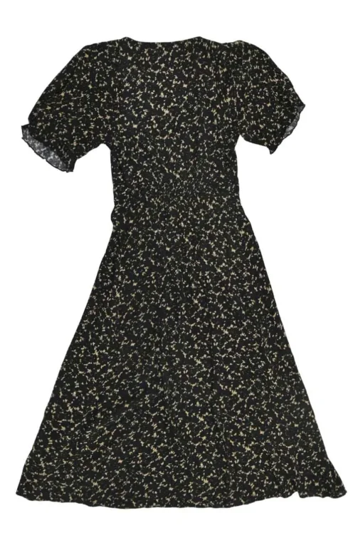 Black and cream viscose ditsy floral print wrap-effect puff sleeve midi A-line dress