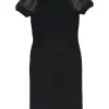 Black and electric blue rayon-blend peek-a-boo knit sheath dress with laser-cut raglan sleeves