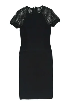 Black and electric blue rayon-blend peek-a-boo knit sheath dress with laser-cut raglan sleeves