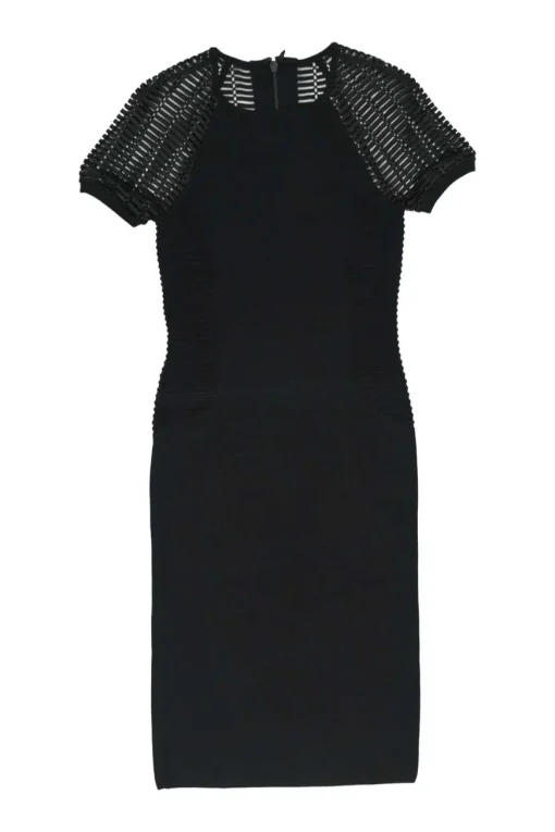 Black and electric blue rayon-blend peek-a-boo knit sheath dress with laser-cut raglan sleeves