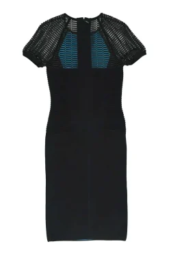 Black and electric blue rayon-blend peek-a-boo knit sheath dress with laser-cut raglan sleeves