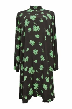 Black and fluo green viscose-blend floral print mock neck long sleeve swing-style shift dress