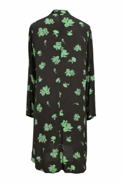 Black and fluo green viscose-blend floral print mock neck long sleeve swing-style shift dress