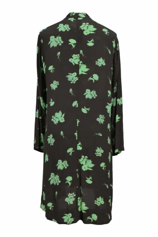 Black and fluo green viscose-blend floral print mock neck long sleeve swing-style shift dress