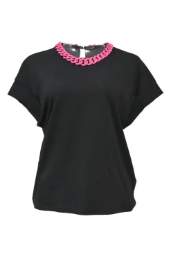 Black and fluo pink chainlink-trimmed crewneck pullover cap sleeve blouse with keyhole back