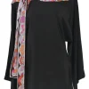 Black and fuchsia silk bateau neck dolman sleeve blouse with abstract kaleido print foulard fastening at shoulder