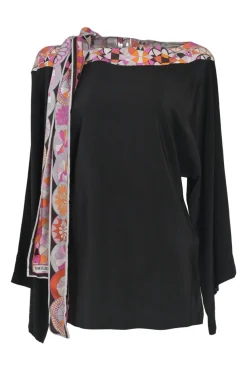 Black and fuchsia silk bateau neck dolman sleeve blouse with abstract kaleido print foulard fastening at shoulder