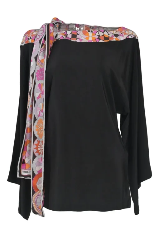 Black and fuchsia silk bateau neck dolman sleeve blouse with abstract kaleido print foulard fastening at shoulder