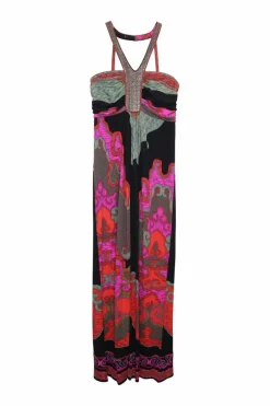 Black and fuchsia silk fluo abstract print Grecian racerback maxi dress