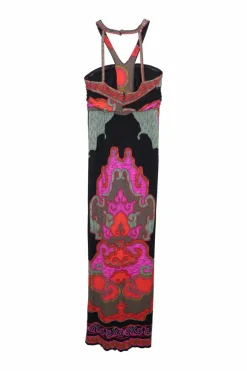 Black and fuchsia silk fluo abstract print Grecian racerback maxi dress