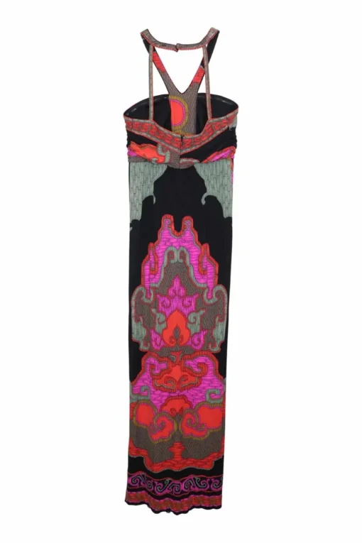 Black and fuchsia silk fluo abstract print Grecian racerback maxi dress