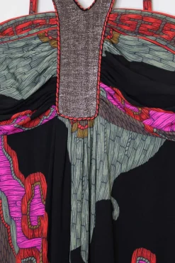 Black and fuchsia silk fluo abstract print Grecian racerback maxi dress