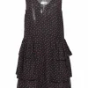 Black and fuchsia silk star print plunge neck tier-ruffle swing-style shift dress