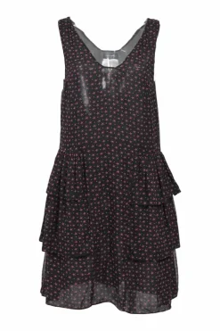 Black and fuchsia silk star print plunge neck tier-ruffle swing-style shift dress