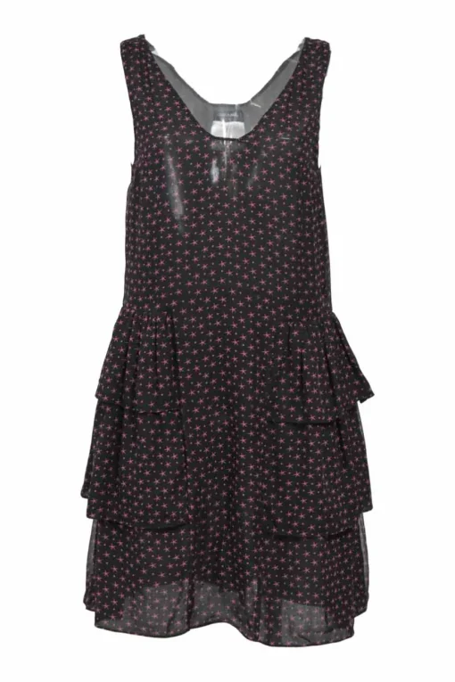 Black and fuchsia silk star print plunge neck tier-ruffle swing-style shift dress