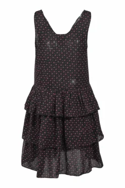 Black and fuchsia silk star print plunge neck tier-ruffle swing-style shift dress
