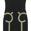 Black and gold embellished triacetate strapless bustier sheath dress