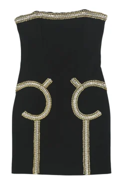 Black and gold embellished triacetate strapless bustier sheath dress