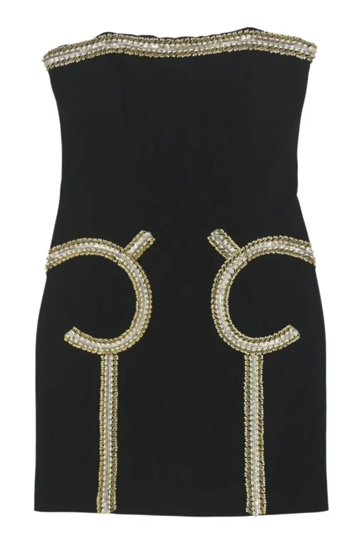 Black and gold embellished triacetate strapless bustier sheath dress
