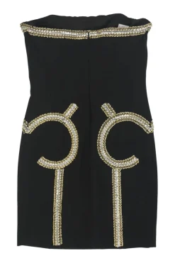 Black and gold embellished triacetate strapless bustier sheath dress