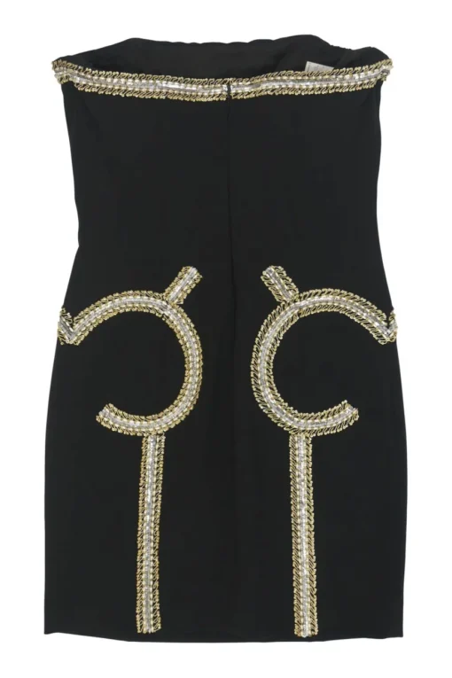 Black and gold embellished triacetate strapless bustier sheath dress