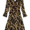 Black and gold ruched silk-blend baroque print midi plunge dress with flounce sleeves