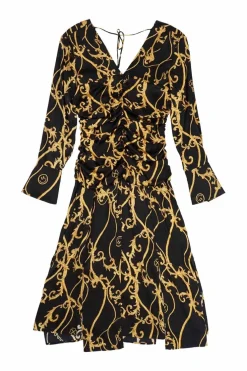 Black and gold ruched silk-blend baroque print midi plunge dress with flounce sleeves