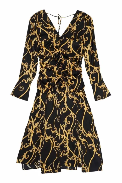 Black and gold ruched silk-blend baroque print midi plunge dress with flounce sleeves