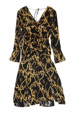 Black and gold ruched silk-blend baroque print midi plunge dress with flounce sleeves