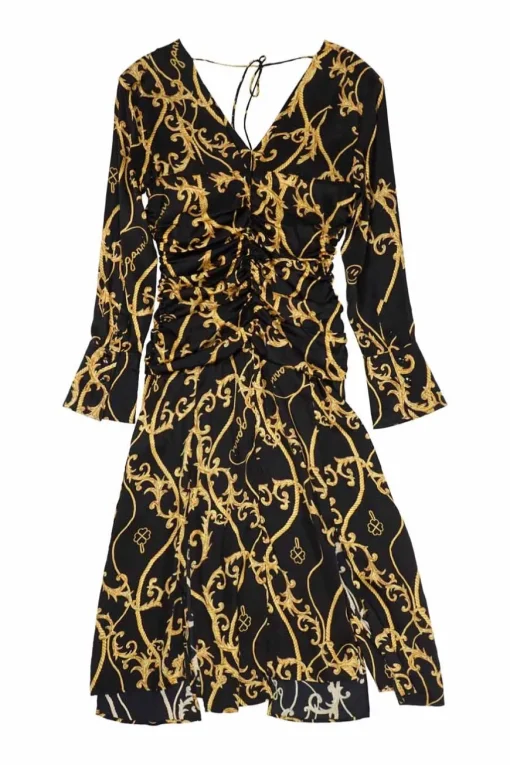 Black and gold ruched silk-blend baroque print midi plunge dress with flounce sleeves