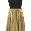 Black and gold viscose-blend mixed-media sleeveless A-line knee-length dress with knit bodice and plissé lamé skirt