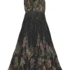 Black and gold viscose-blend metallic stripe plissé fil-coupé V-neck floral sun dress