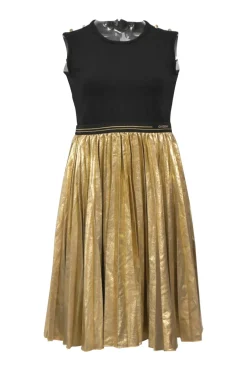 Black and gold viscose-blend mixed-media sleeveless A-line knee-length dress with knit bodice and plissé lamé skirt