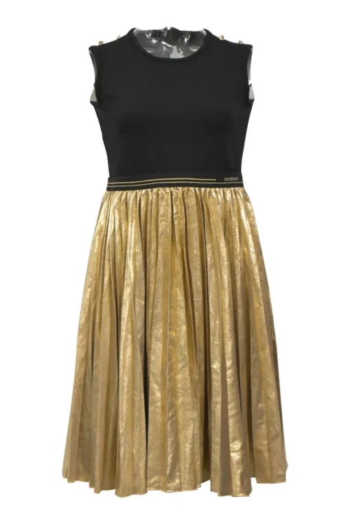 Black and gold viscose-blend mixed-media sleeveless A-line knee-length dress with knit bodice and plissé lamé skirt