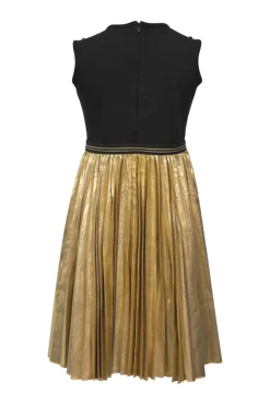 Black and gold viscose-blend mixed-media sleeveless A-line knee-length dress with knit bodice and plissé lamé skirt