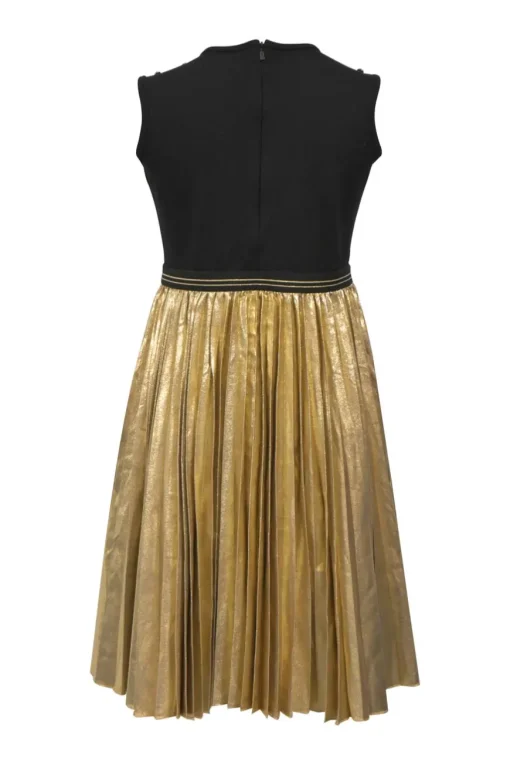 Black and gold viscose-blend mixed-media sleeveless A-line knee-length dress with knit bodice and plissé lamé skirt
