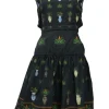 Black and green cotton Anfora novelty print sleeveless tie-back drop-waist dress with fitted bodice and tiered skirt