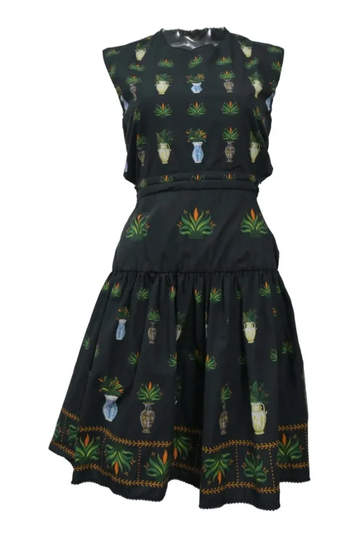 Black and green cotton Anfora novelty print sleeveless tie-back drop-waist dress with fitted bodice and tiered skirt
