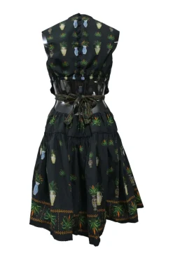Black and green cotton Anfora novelty print sleeveless tie-back drop-waist dress with fitted bodice and tiered skirt