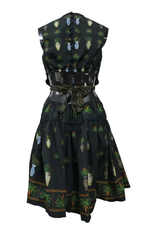 Black and green cotton Anfora novelty print sleeveless tie-back drop-waist dress with fitted bodice and tiered skirt