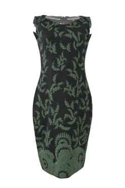 Black and green leaf jacquard knit sleeveless sheath dress