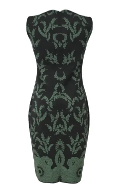 Black and green leaf jacquard knit sleeveless sheath dress