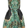Black and green polyester abstract floral print sleeveless cocktail dress with darted bodice and gathered circle skirt
