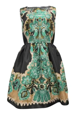 Black and green polyester abstract floral print sleeveless cocktail dress with darted bodice and gathered circle skirt