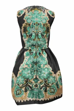 Black and green polyester abstract floral print sleeveless cocktail dress with darted bodice and gathered circle skirt